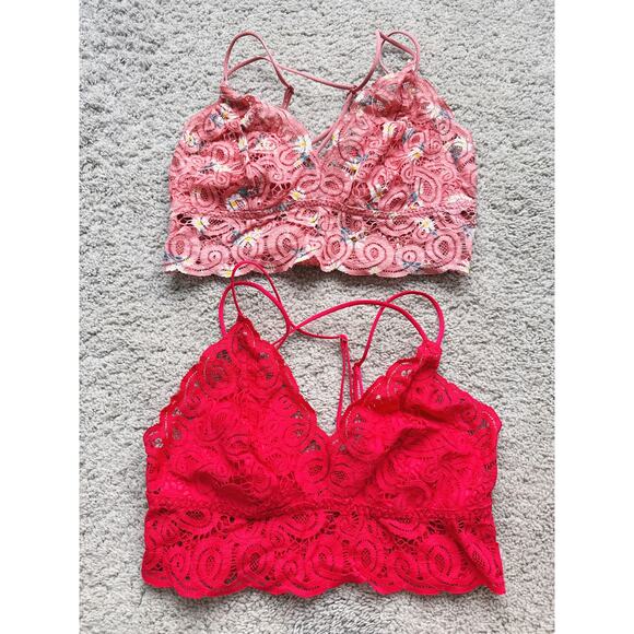 Victoria’s Secret PINK Bralette Bundle Lace Double Strap Pink Red Large Sexy - Picture 1 of 7
